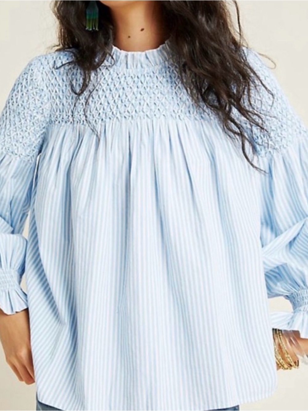 Maeve Light Blue & White Striped Smocked Yoke Blouse